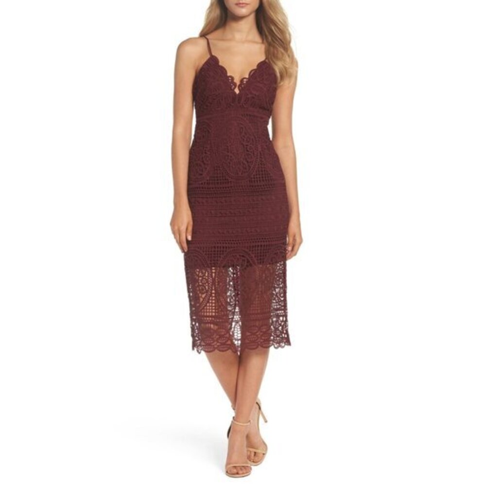 Bardot Cocktail Dress Burgundy V Neck Strappy Midi Dress Versailles Sz 4/XS New